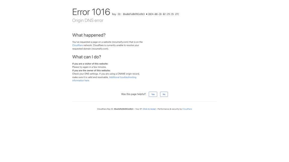 Origin DNS error | rezumeify.com | Cloudflare site's screenshot