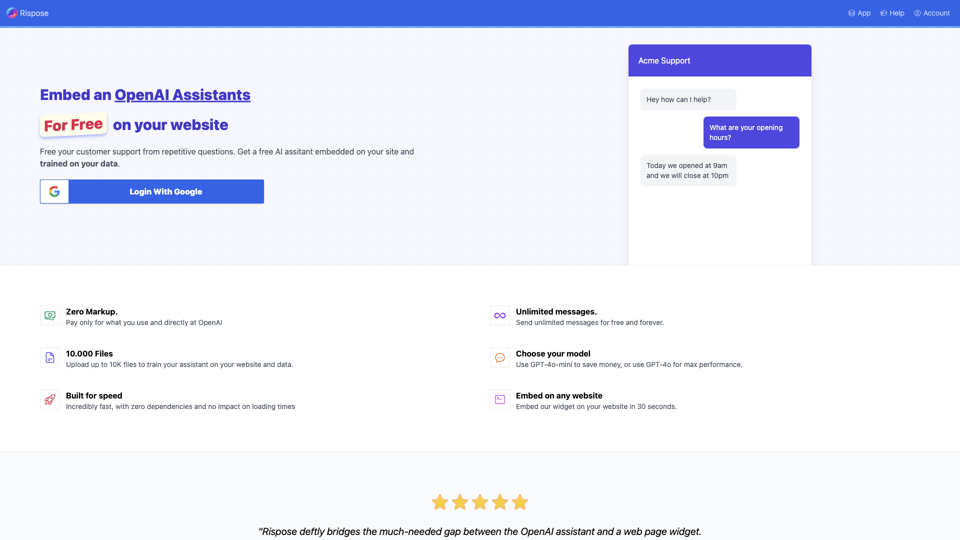 Rispose | Embed OpenAI Assistants on any site free site's screenshot
