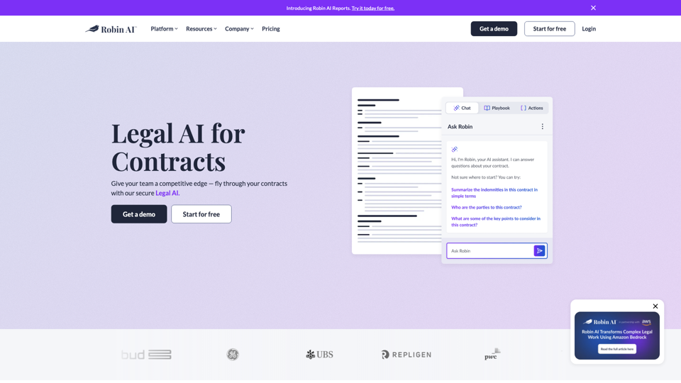 Robin AI | Review Contracts 80% Faster | Legal AI site's screenshot