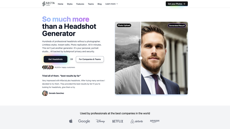 Authentic AI Headshots and Portraits | Secta Labs site's screenshot