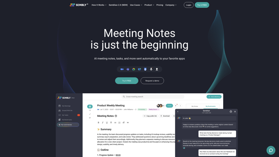 Meeting Notes is just the beginning - Sembly AI site's screenshot