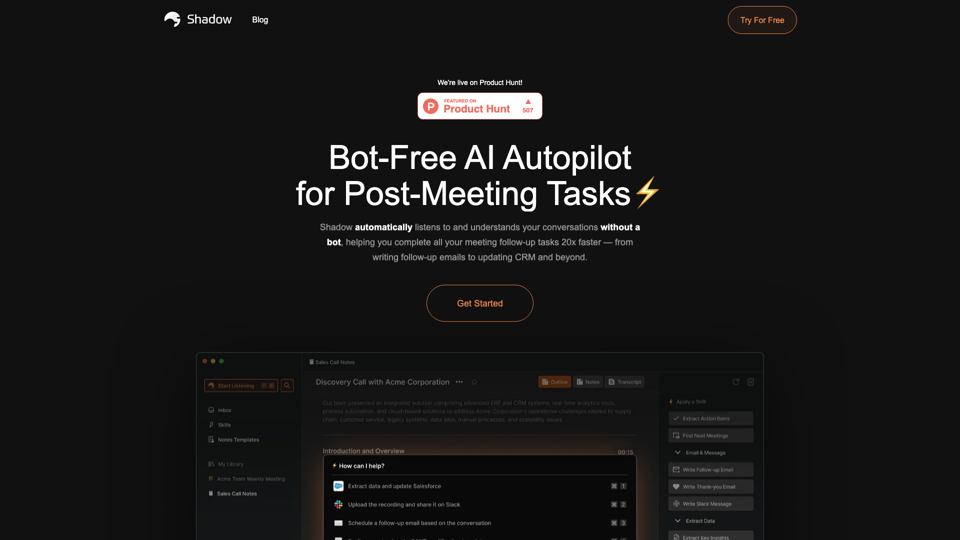 Shadow -  Bot-Free AI Autopilot for Post-Meeting Tasks site's screenshot