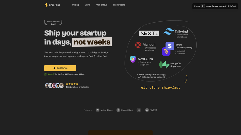 Launch Your Startup in Days, Not Weeks | ShipFast site's screenshot