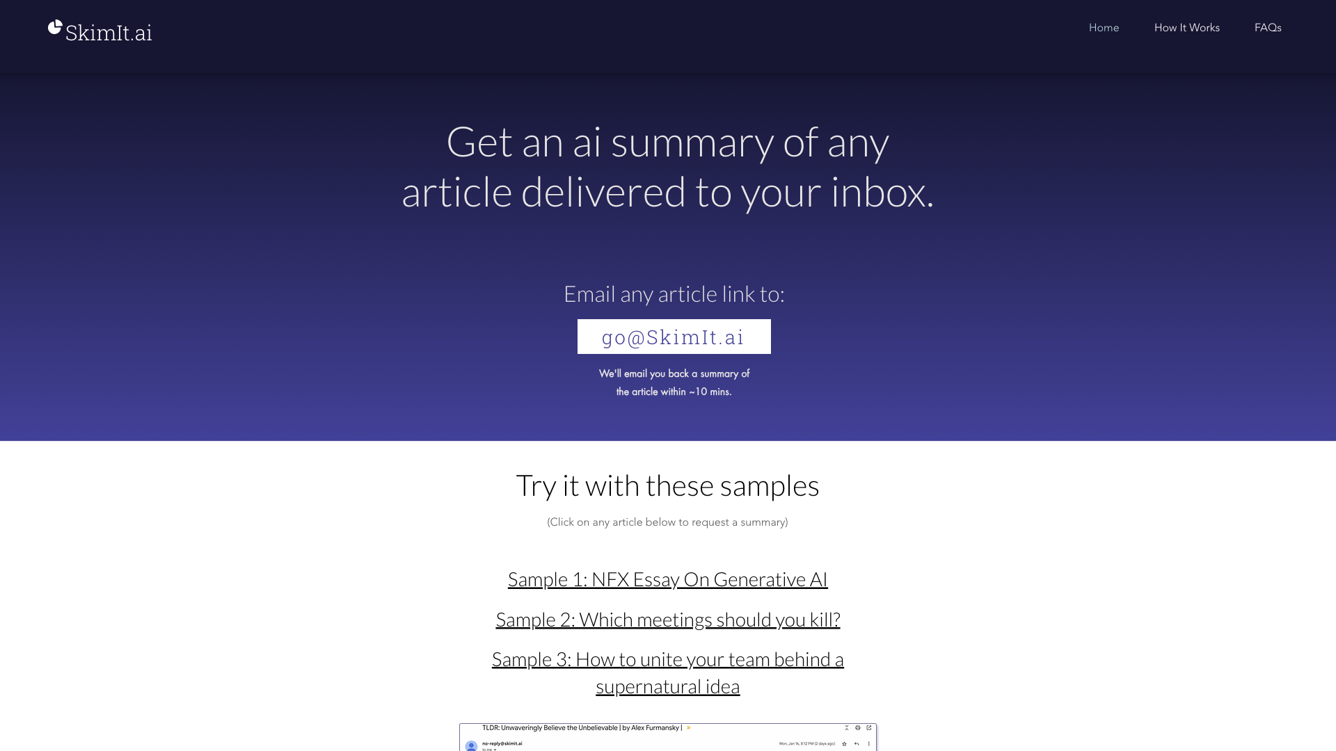 SkimIt.ai - Get an ai generated summary of any article delivered to your inbox SkimIt.ai - Get an ai generated summary of any article delivered to your inbox