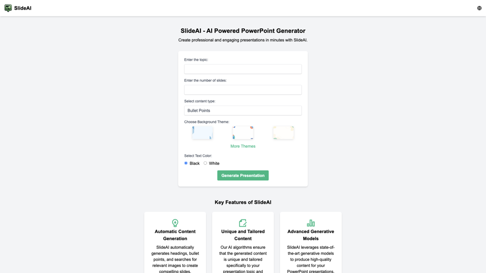 AI Presentation Generator - AI PowerPoint Maker for Free - Slides AI site's screenshot