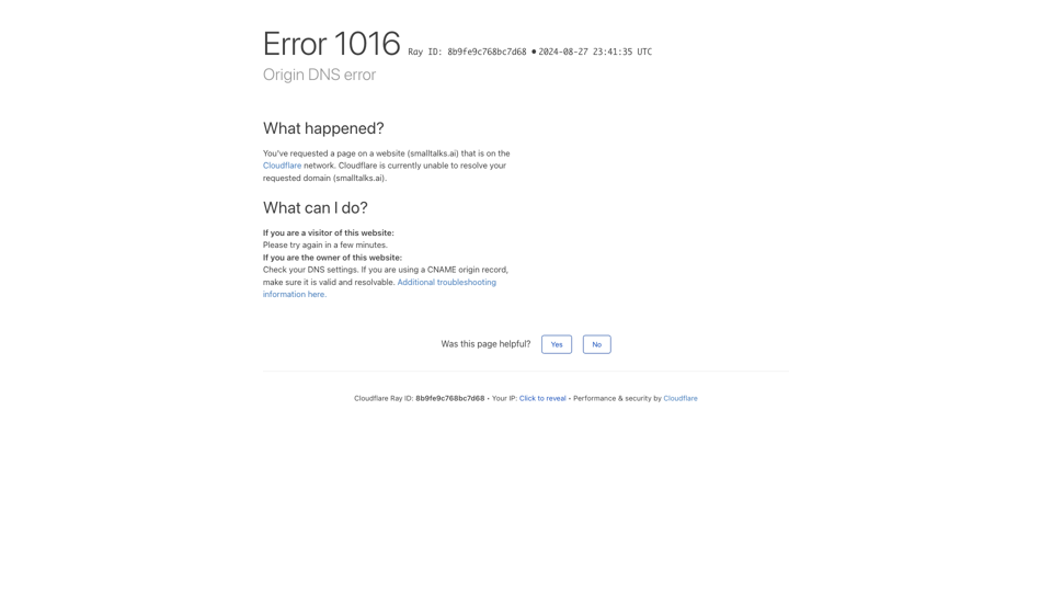 Origin DNS error | smalltalks.ai | Cloudflare site's screenshot