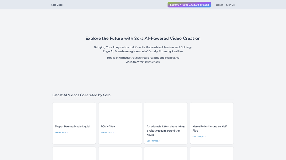 Explore the Future with Sora AI-Powered Video Creation | Sora Depot site's screenshot