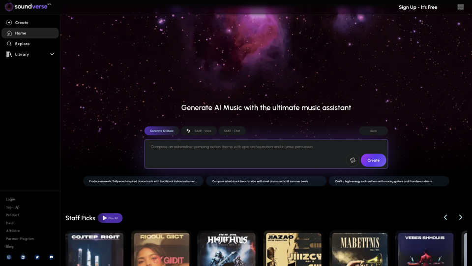 Soundverse AI - AI Music Generator and Music Assistant site's screenshot