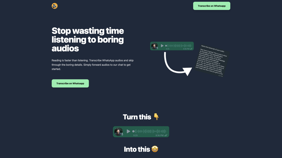 Transcribe your WhatsApp audios | SpeedyAudios site's screenshot