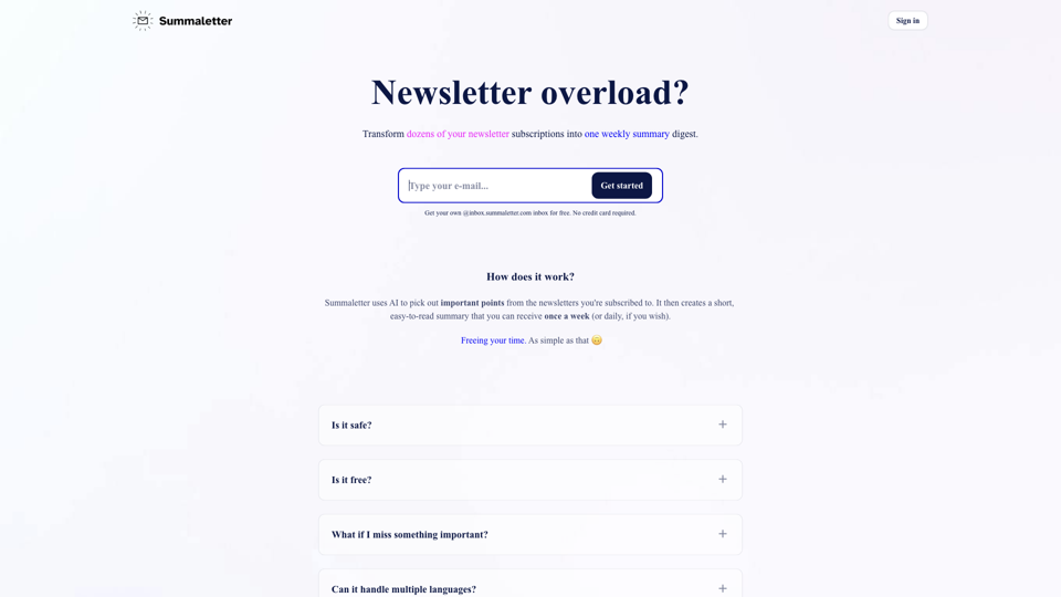 Summaletter - AI for newsletter overload! site's screenshot