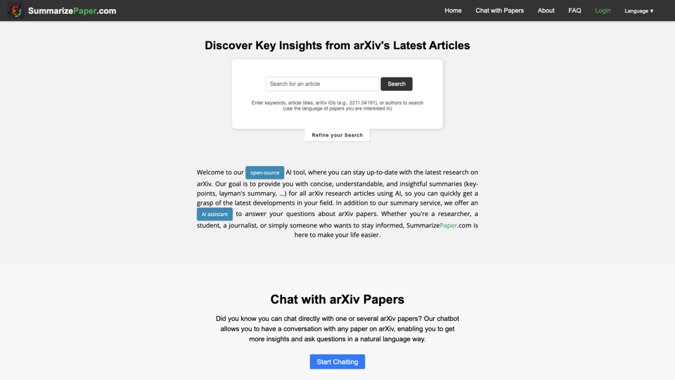 AI-Powered arXiv Paper Summarization - Ask questions about a Paper site's screenshot