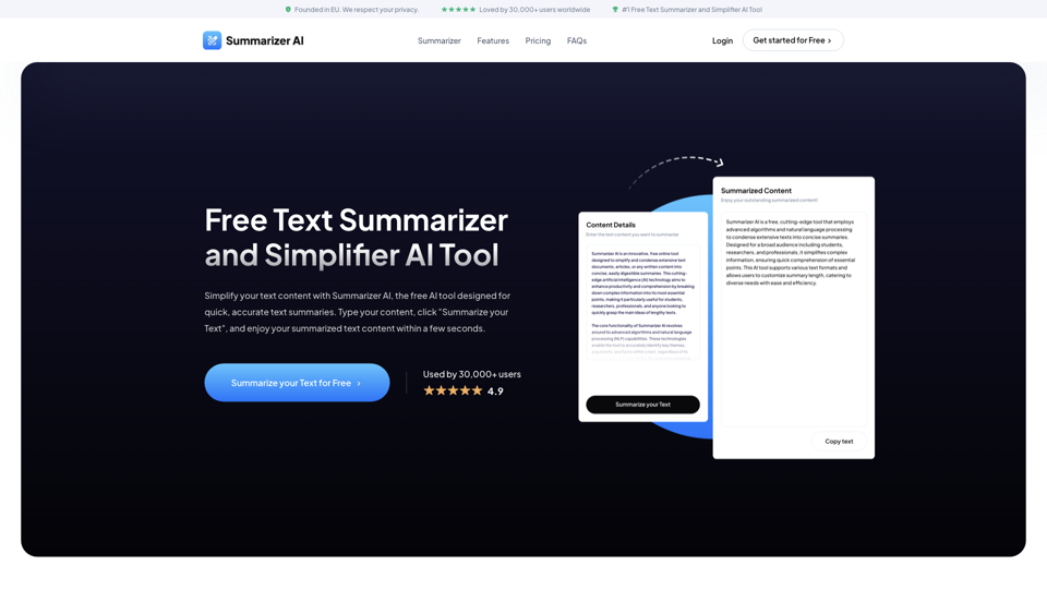 Free Best Text Summarizer and Simplifier AI Tool - Summarizer-AI.com site's screenshot