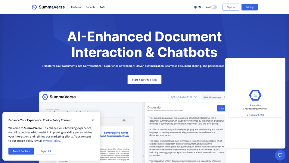 SummaVerse: AI powered document Analysis & Chatbot creation site's screenshot