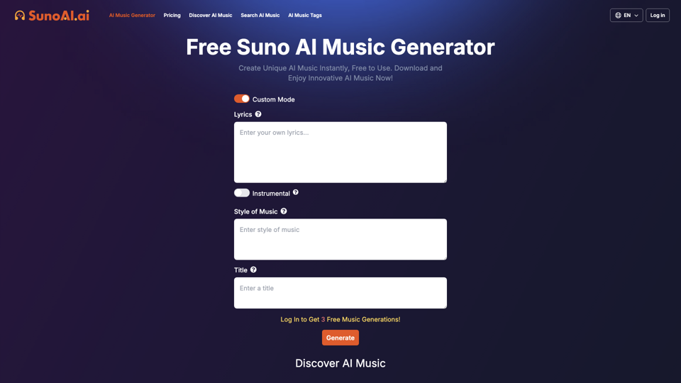 SunoAI: Free Suno AI Music Generator site's screenshot