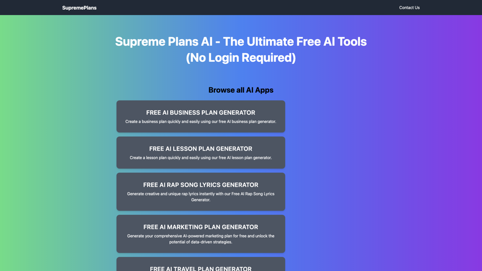 SupremePlans AI - Free AI Plan Generator site's screenshot