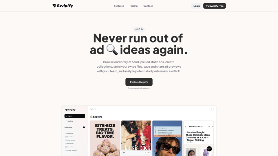 Swipify - Never Run Out of Ad Ideas Again site's screenshot