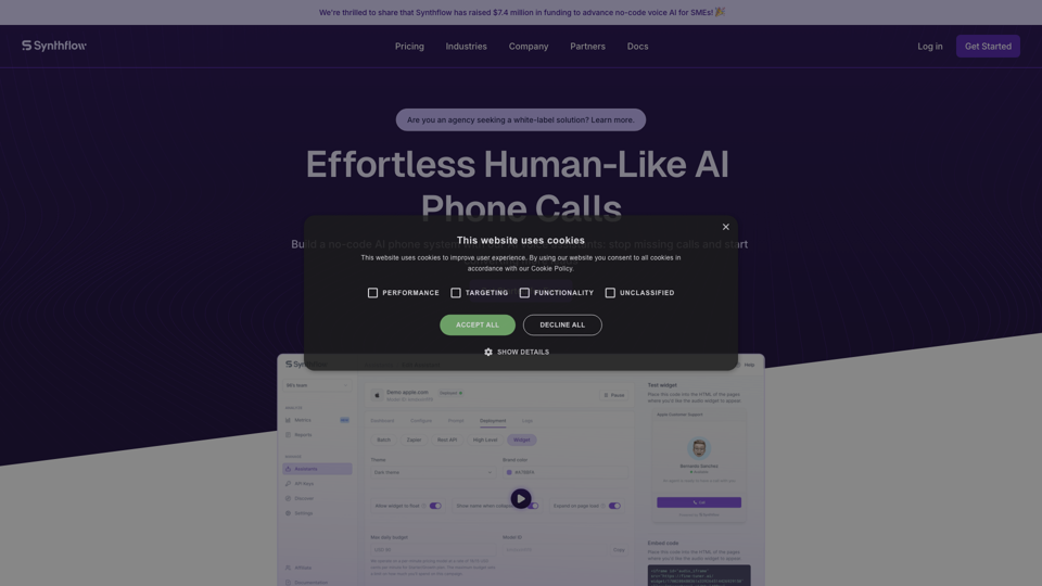 Synthflow AI Phone Calling Platform site's screenshot