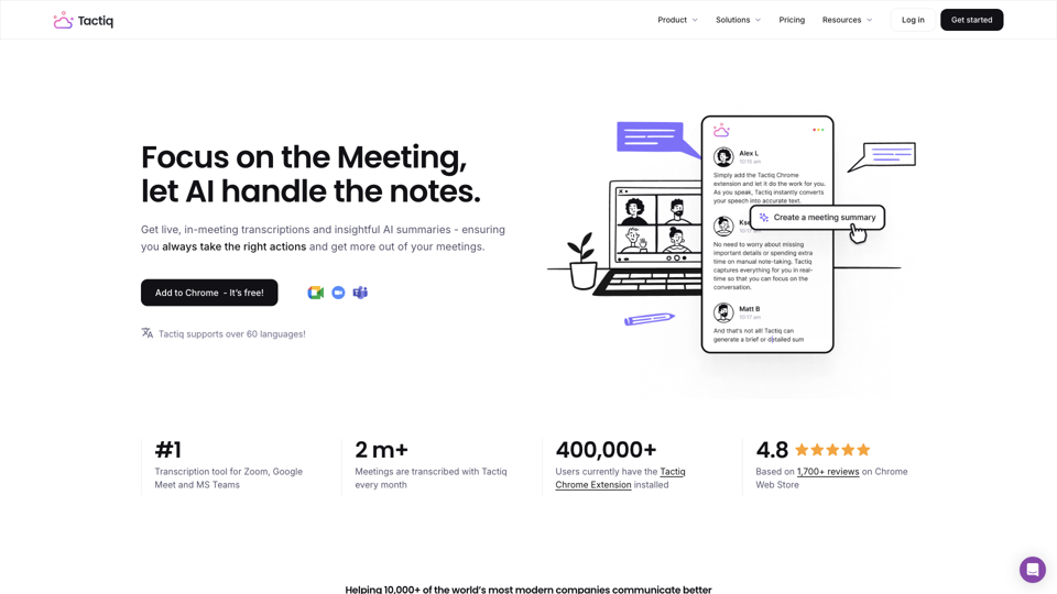 Tactiq.io -  AI Meeting Transcripts for Google Meet, Zoom & Teams site's screenshot