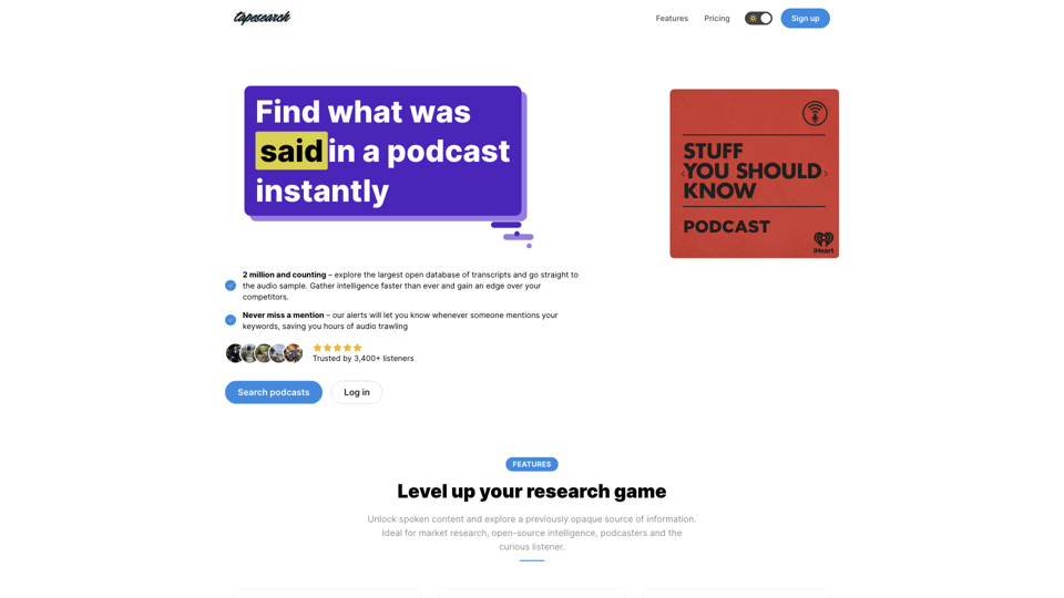 Tapesearch - The largest open database of podcast transcripts site's screenshot