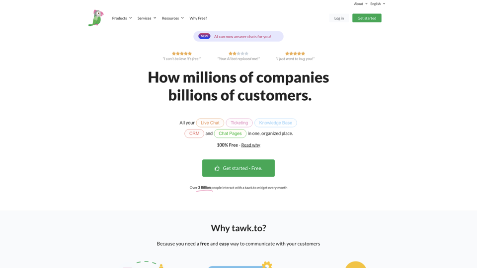 tawk.to – "100% FREE live chat software for your website!" site's screenshot