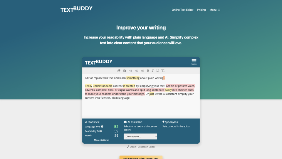 Plain English Editor & AI Text Simplifier - Textbuddy site's screenshot