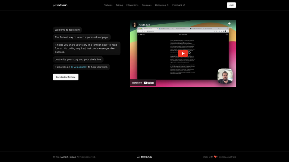 A simple, messenger-style personal webpage. | texts.run site's screenshot