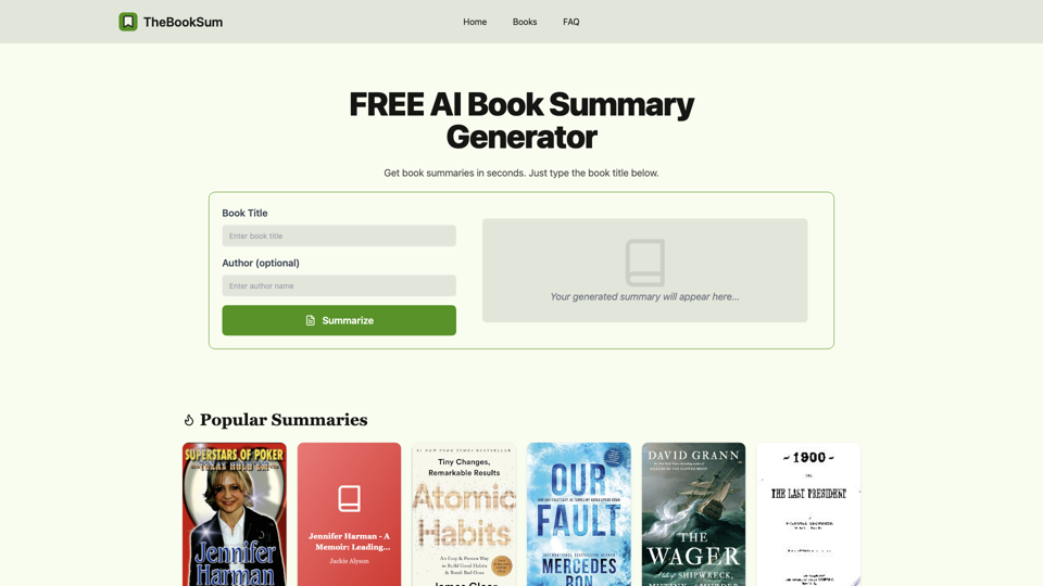 Free AI Book Summary Generator | No Login Required - TheBookSum site's screenshot