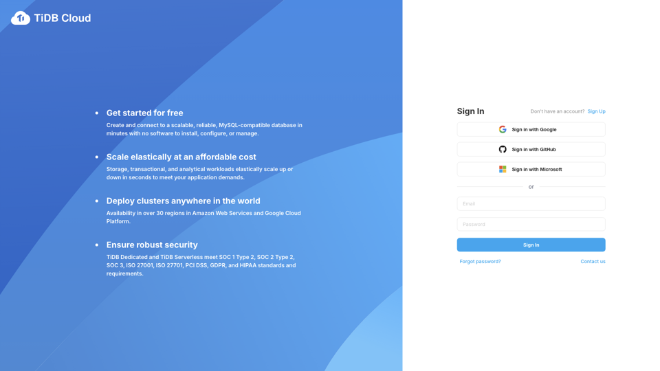 Sign in to TiDB Cloud site's screenshot
