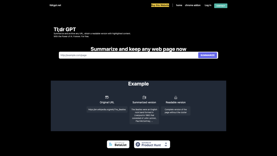 Summarize any page with AI | TldrGPTNet site's screenshot
