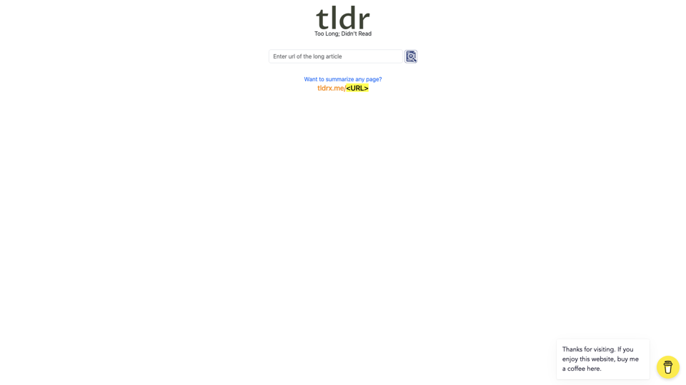 tldr: summarize long articles site's screenshot