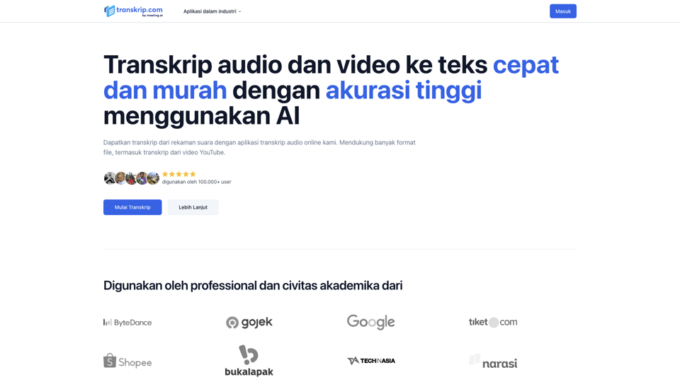 Transkrip Audio dan Video ke Teks dengan AI site's screenshot