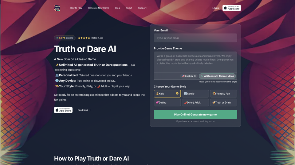 Truth or Dare AI - Endless fun powered by AI site's screenshot