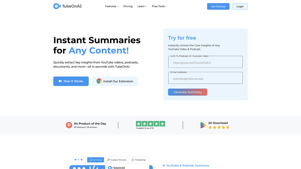 TubeOnAI: Best AI Summarizing Tool for YouTube, Podcasts site's screenshot