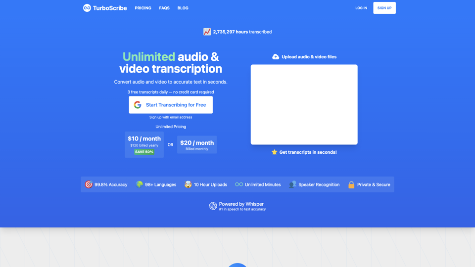 TurboScribe: Transcribe Audio and Video to Text site's screenshot