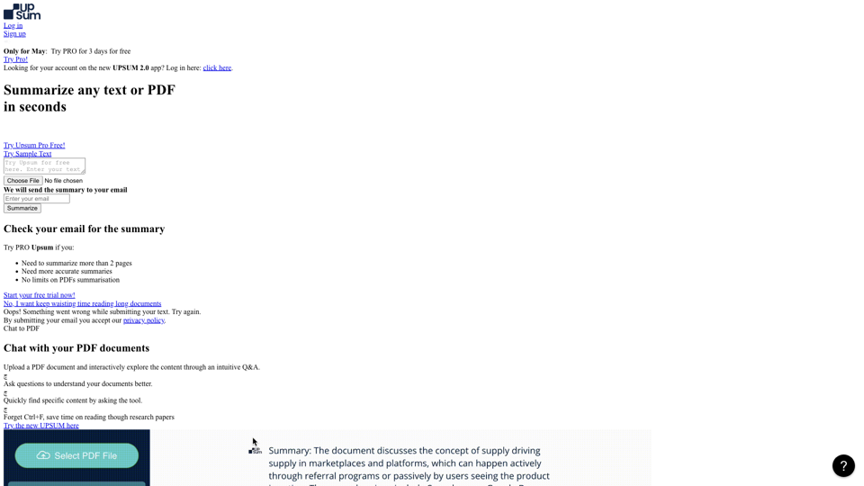 UpSum | Summarize any text in seconds | Try for free site's screenshot
