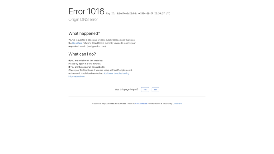 Origin DNS error | usehyperdoc.com | Cloudflare site's screenshot