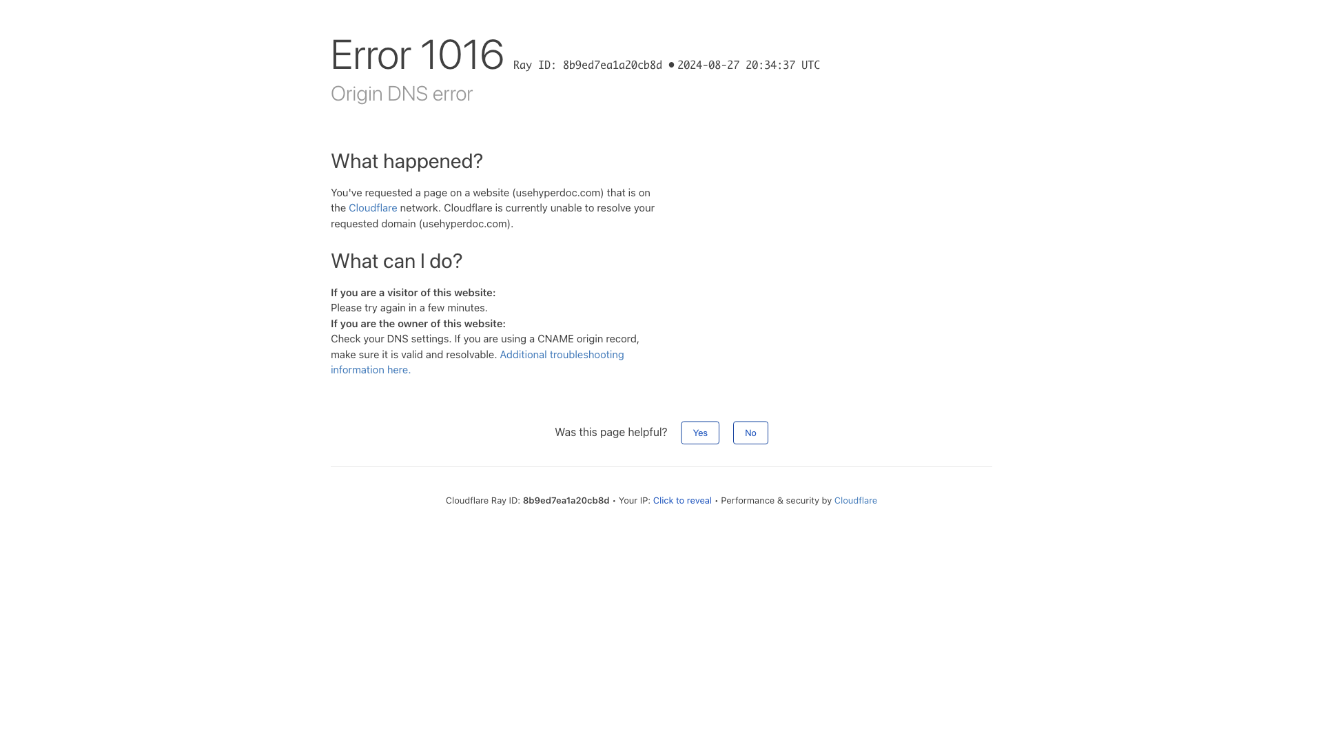Origin DNS error | usehyperdoc.com | Cloudflare