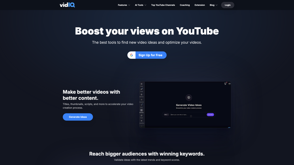 Boost Your Views And Subscribers On YouTube - vidIQ site's screenshot