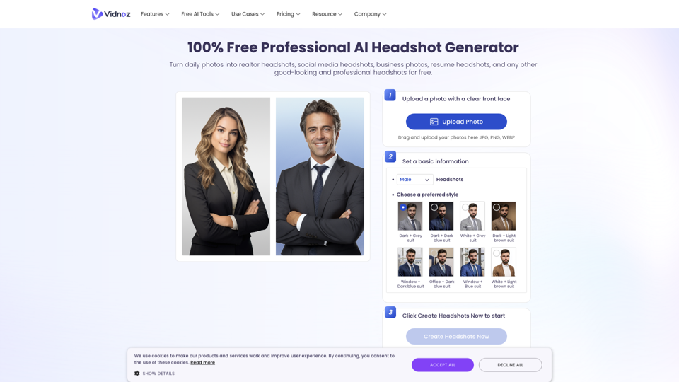 Free AI Headshot Generator for Professionals | Vidnoz site's screenshot