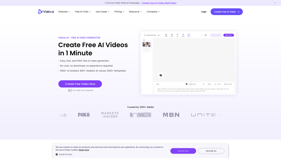 Vidnoz AI: Create FREE AI Videos 10X Faster Online site's screenshot