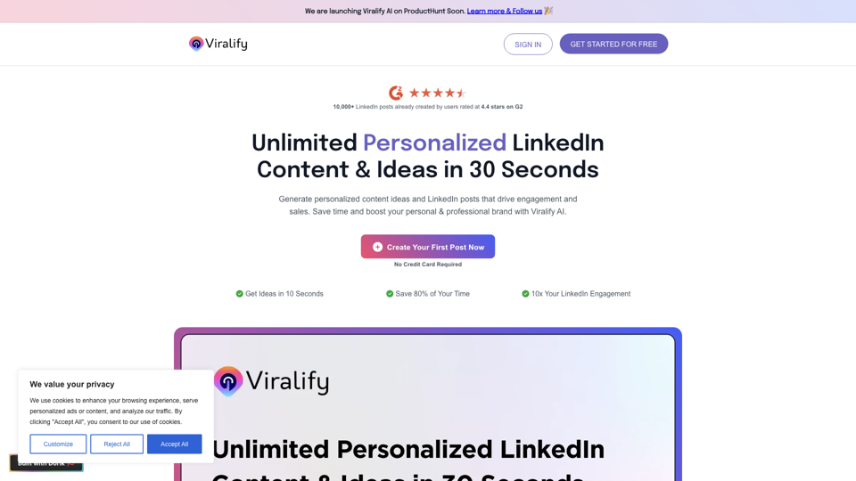 Unlimited Personalized LinkedIn Content & Ideas in 30 Seconds site's screenshot