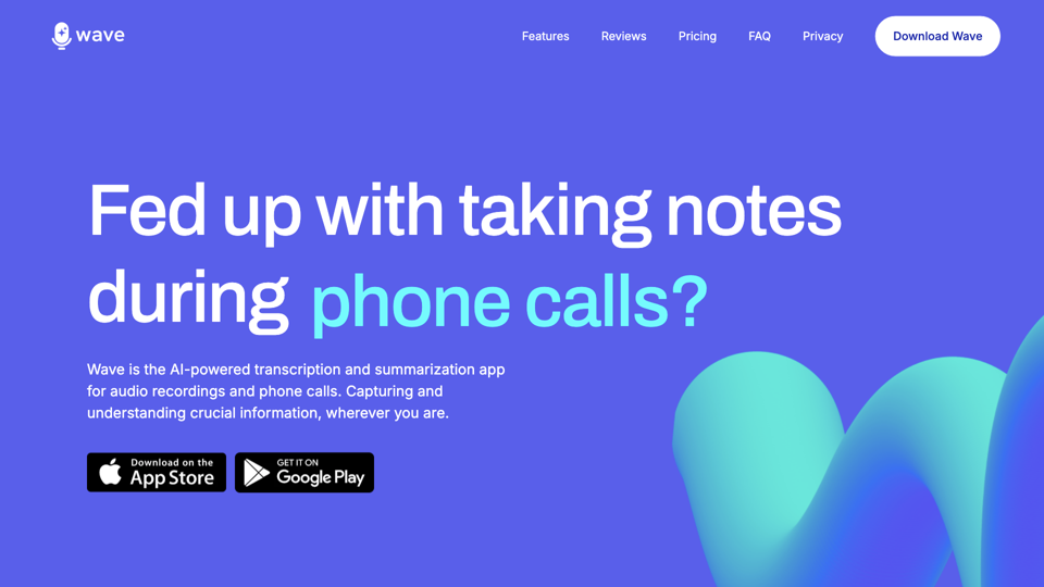Wave - AI Note Taker site's screenshot
