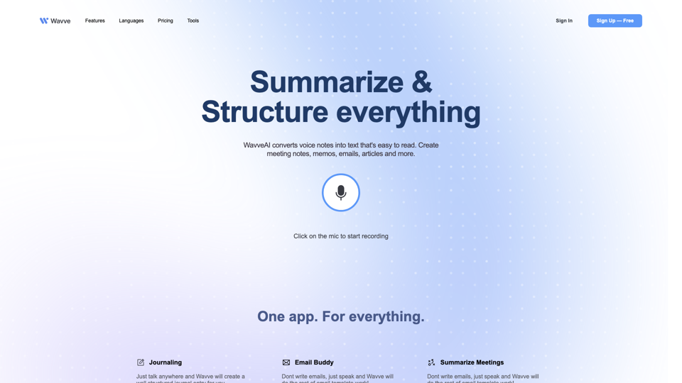 Record, Transcribe, Summarize & Generate Content Effortlessly | Wavve AI site's screenshot