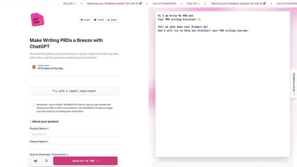 WriteMyPrd | Make Writing PRDs a Breeze with ChatGPT site's screenshot