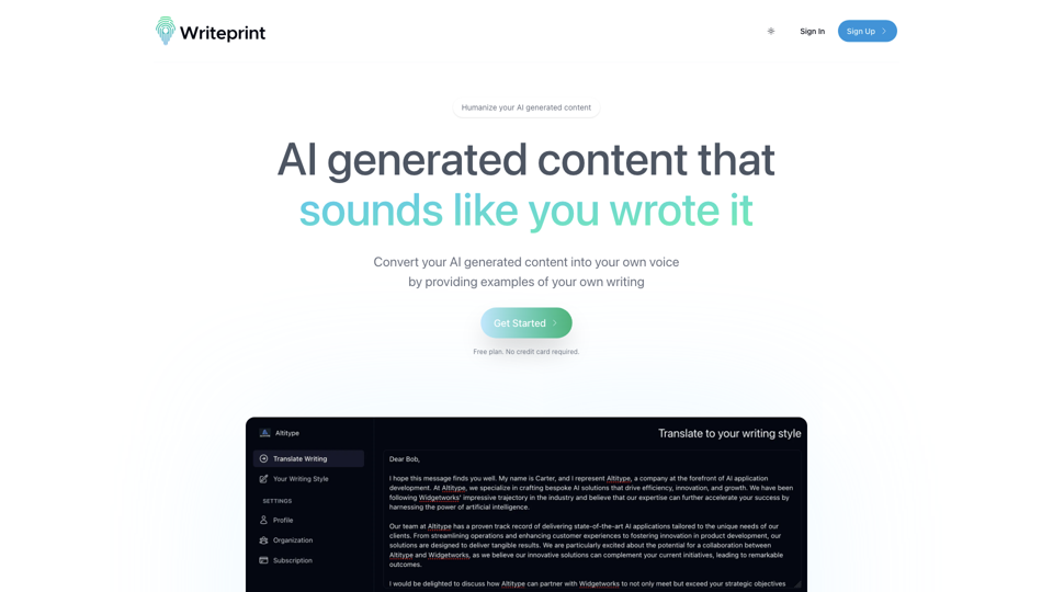 Writeprint.ai - Humanize your AI generated content site's screenshot