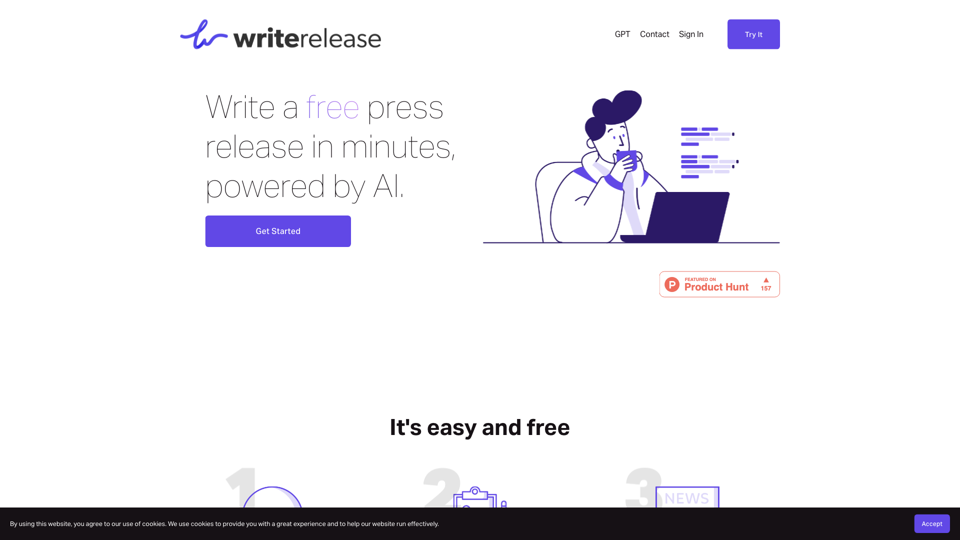 Write Release | Write a free press release in minutes, powered by AI site's screenshot