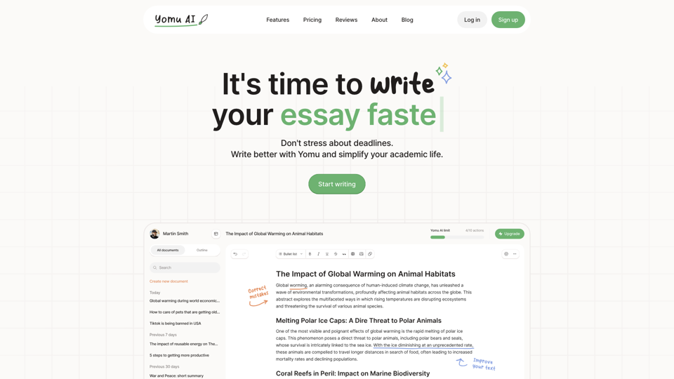 Yomu AI | Write papers and essays with AI site's screenshot