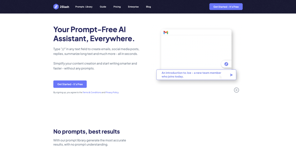 Your Prompt-Free AI Assistant, Everywhere | 2Slash site's screenshot