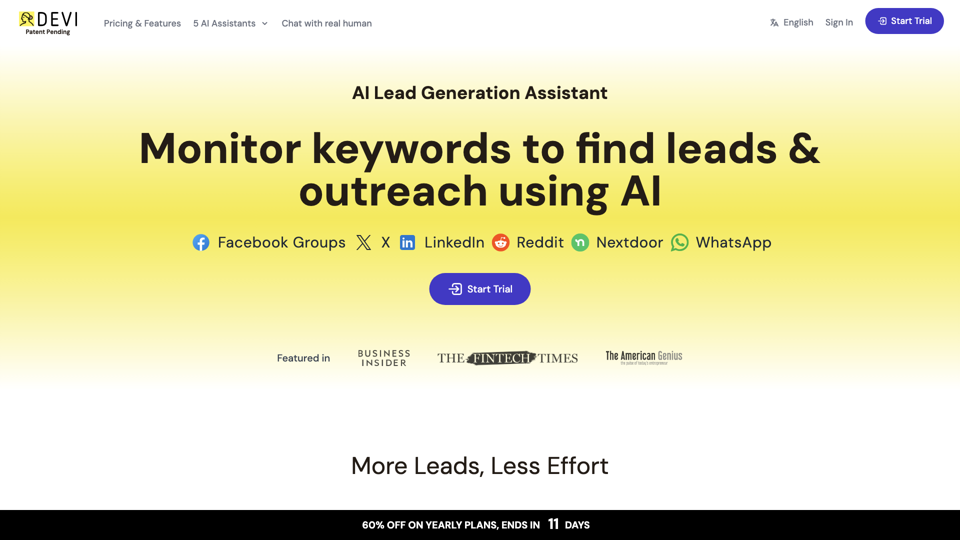 Devi | AI Social Media Leads Monitoring and Outreach Tool site's screenshot