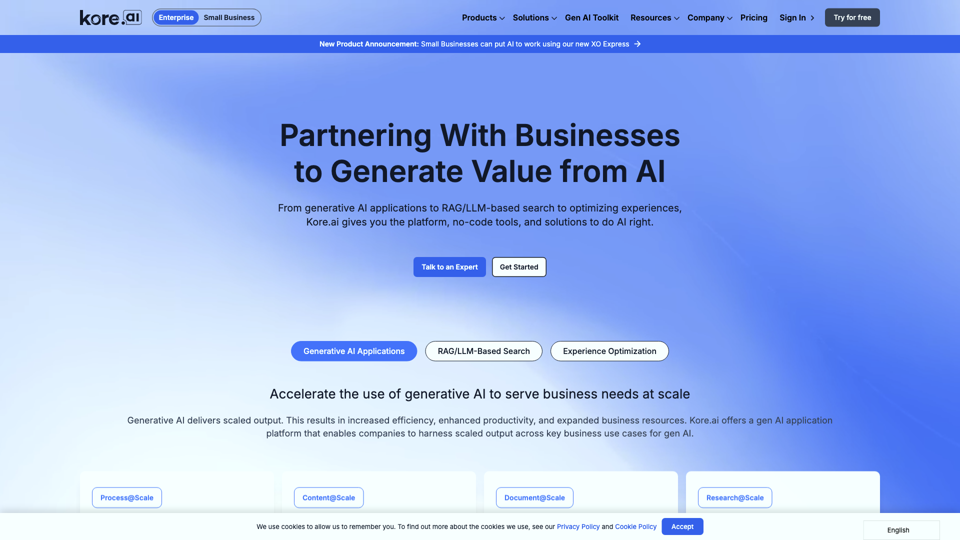 AI-Optimized Customer and Employee Experiences - Kore.ai site's screenshot